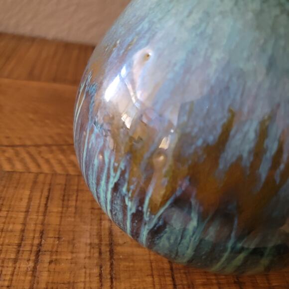 Vintage Drip Glaze Ceramic Vase in Teal and Brown with Flared Rim 8.5 Inch Tall - Picture 4 of 10